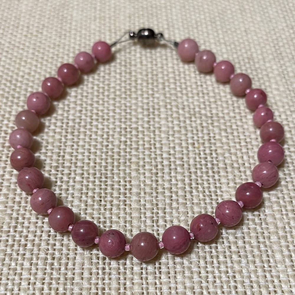 Chic Pink handcrafted Rhodonite gemstone Beaded magnetic clasp 8” Bracelet
